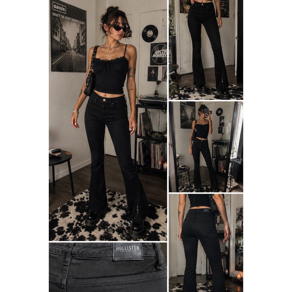 Hollister High-Rise Flare Slit Hem Pants Black Y2K Retro Style W24 L31 Stretchy